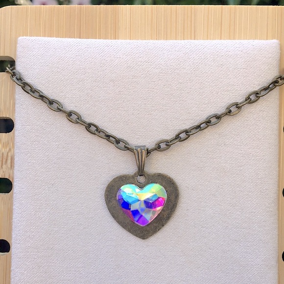 Antique Brass Aurora Borealis Crystal Heart Necklace - Picture 1 of 13